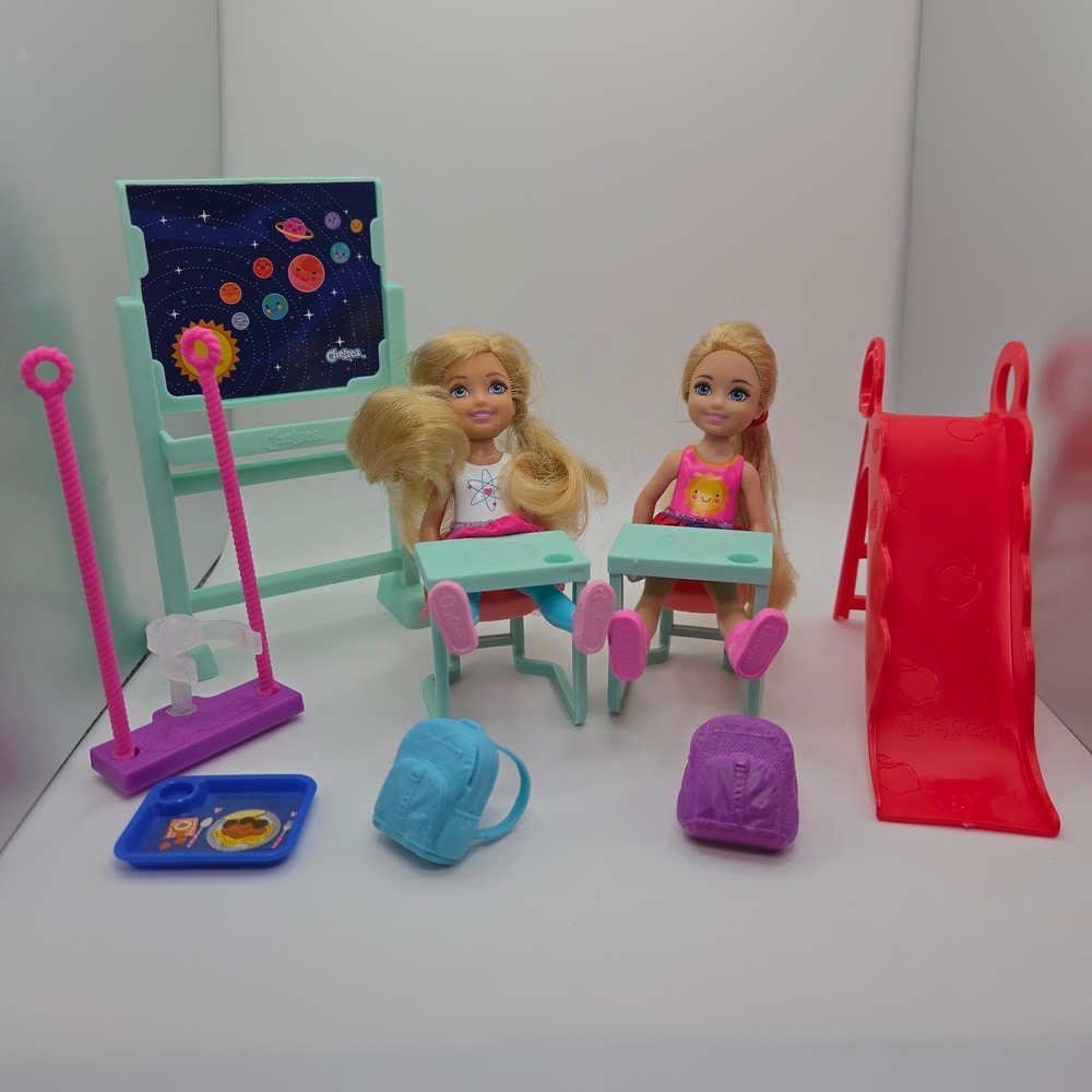 Barbie Club Chelsea School Playset 2 Dolls Desks Slide Swing and Accessories